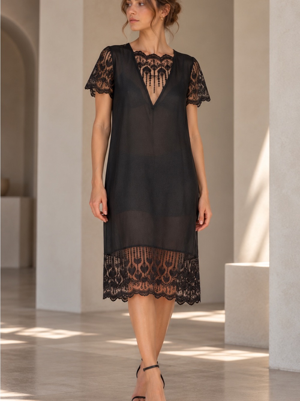 Rosemunde Copenhagen Black Silk Viscose Semi-Sheer Lace Dress Size 40